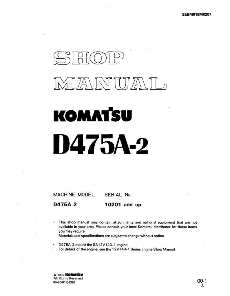 May include: A white shop manual with the title "SHOP MANUAL" and the brand name "KOMATSU" and model "D475A-2" printed in black. The manual includes text about the machine model and serial number.