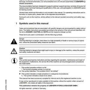 K&ouml;nnte beinhalten: Ein Servicehandbuch mit dem Titel &bdquo;Einleitung&ldquo; und &bdquo;Symbole in diesem Handbuch&ldquo;. Das Handbuch enth&auml;lt Sicherheitshinweise, Notizen und Symbole. Das Copyright liegt bei LIEBHERR.