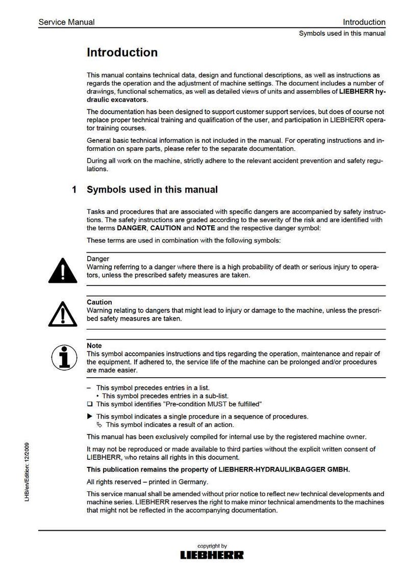 K&ouml;nnte beinhalten: Ein Servicehandbuch mit dem Titel &bdquo;Einleitung&ldquo; und &bdquo;Symbole in diesem Handbuch&ldquo;. Das Handbuch enth&auml;lt Sicherheitshinweise, Notizen und Symbole. Das Copyright liegt bei LIEBHERR.