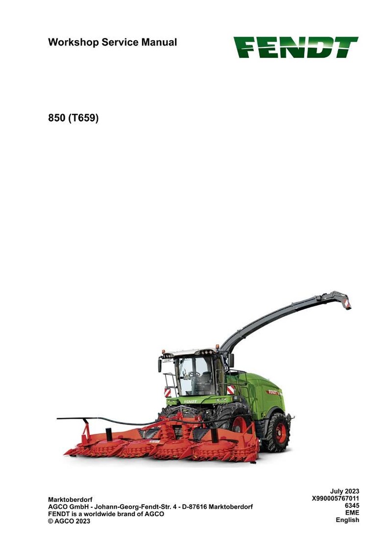 May include: A green and red Fendt 850 (T659) agricultural machine with a long, articulated arm. The image includes the text "Workshop Service Manual" and the Fendt logo. The date is July 2023.