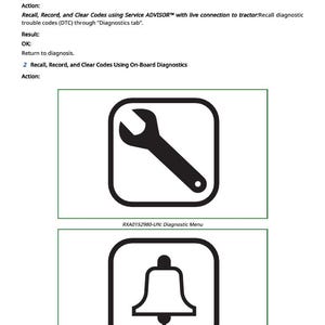 May include: A page with text and two black and white icons. The text reads "Recall, Record, and Clear Codes". The first icon is a wrench inside a square. The second icon is a bell inside a square. The text "RXA0152980-UN: Diagnostic Menu" is below the wrench icon.
