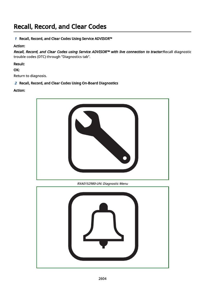 May include: A page with text and two black and white icons. The text reads "Recall, Record, and Clear Codes". The first icon is a wrench inside a square. The second icon is a bell inside a square. The text "RXA0152980-UN: Diagnostic Menu" is below the wrench icon.