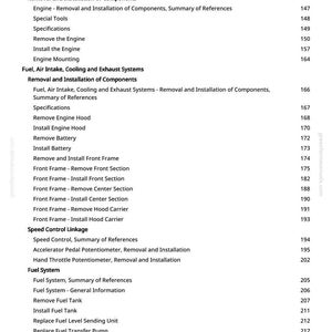 May include: A white page from a manual with a table of contents. The text includes sections on engine removal, fuel systems, and speed control linkage. Page numbers are listed on the right.