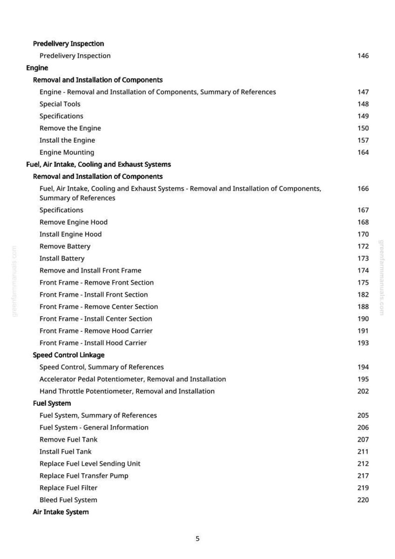 May include: A white page from a manual with a table of contents. The text includes sections on engine removal, fuel systems, and speed control linkage. Page numbers are listed on the right.