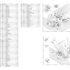 May include: A technical diagram with multiple detailed schematics and a parts list. The diagrams are in black and white, showing various mechanical components with connecting lines and labels. The parts list is a long table with numerous rows and columns.