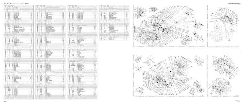 May include: A technical diagram with multiple detailed schematics and a parts list. The diagrams are in black and white, showing various mechanical components with connecting lines and labels. The parts list is a long table with numerous rows and columns.