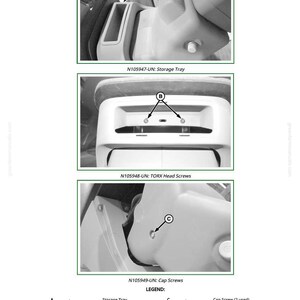 May include: Diagram of vehicle interior components, including a storage tray, TORX head screws, and cap screws. The image includes labels and a legend for easy identification of each part.