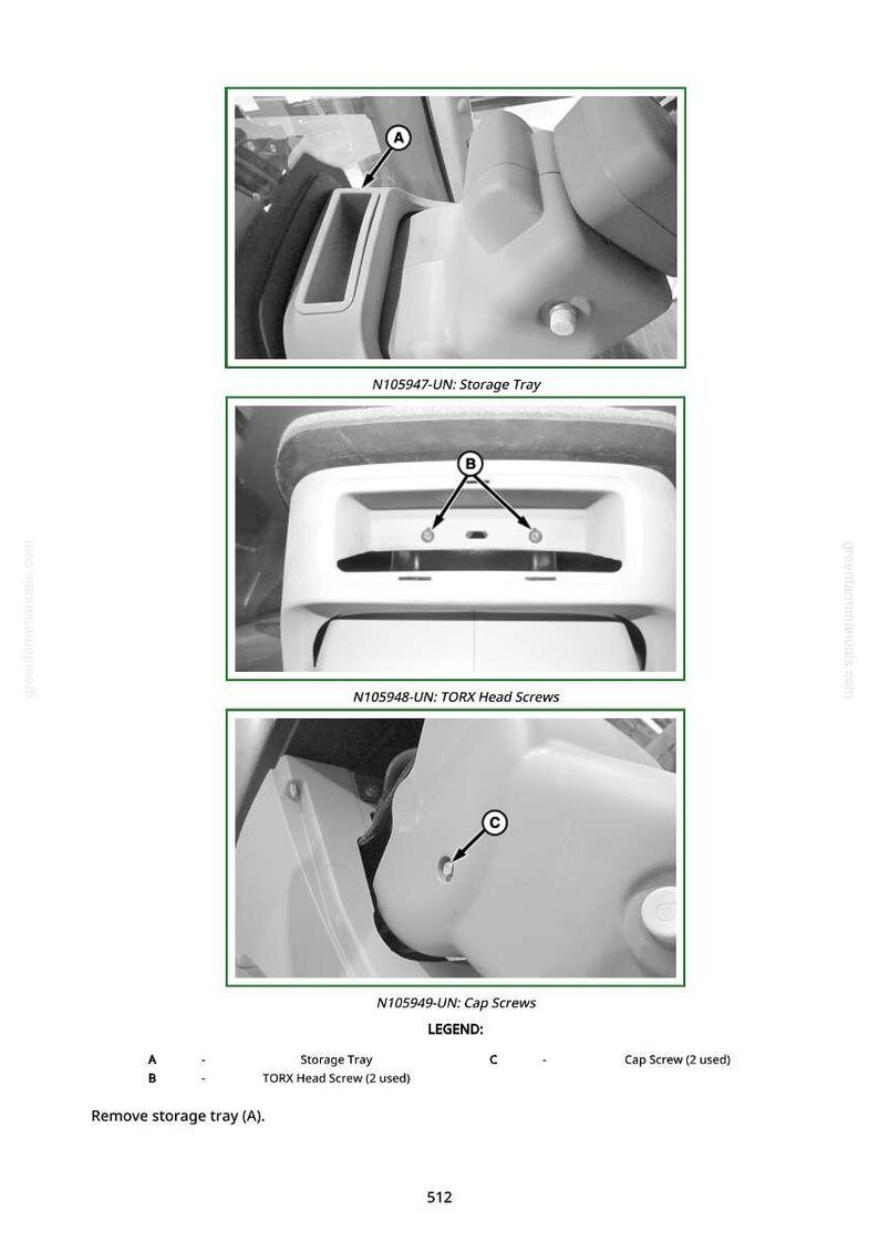 May include: Diagram of vehicle interior components, including a storage tray, TORX head screws, and cap screws. The image includes labels and a legend for easy identification of each part.