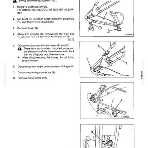 May include: Diagram from a manual detailing the removal of a bucket and arm assembly. The image includes numbered steps and illustrations of the disassembly process, with labels and arrows pointing to various components.