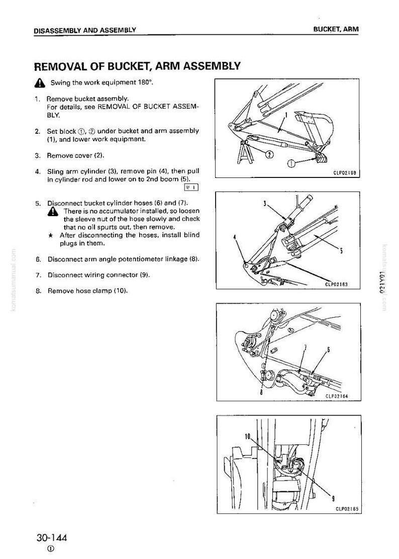 May include: Diagram from a manual detailing the removal of a bucket and arm assembly. The image includes numbered steps and illustrations of the disassembly process, with labels and arrows pointing to various components.