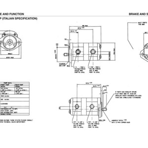 May include: Technical diagram of a gear pump, Italian specification, with dimensions in millimeters. The diagram includes front and rear pump data, with detailed views of the pump's structure and function. The text "BRAKE AND STEERING CIRCUIT" is also visible.