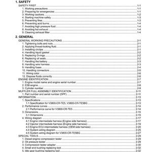 May include: A detailed table of contents from a manual, with headings like "Safety," "General," and "Special Tools." The text is black on a white background, with page numbers and subheadings for easy navigation. The document is dated 2020.