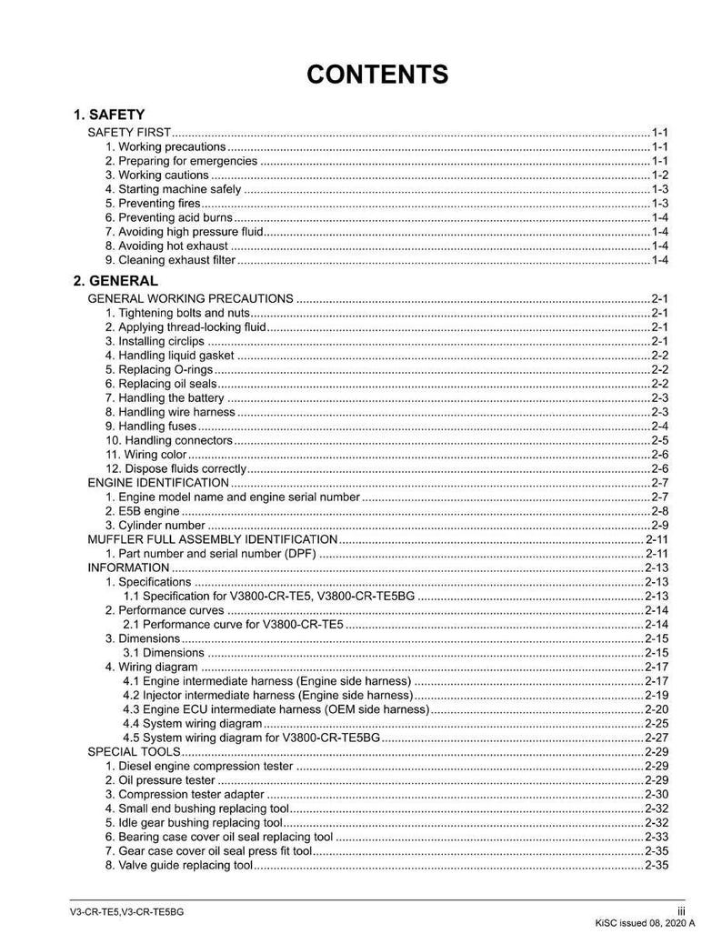 May include: A detailed table of contents from a manual, with headings like "Safety," "General," and "Special Tools." The text is black on a white background, with page numbers and subheadings for easy navigation. The document is dated 2020.