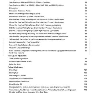 May include: A white-backgrounded page from a manual with a table of contents. The table lists specifications, operating speeds, turning radius, and other technical details related to machinery, including fuel and lubricants.