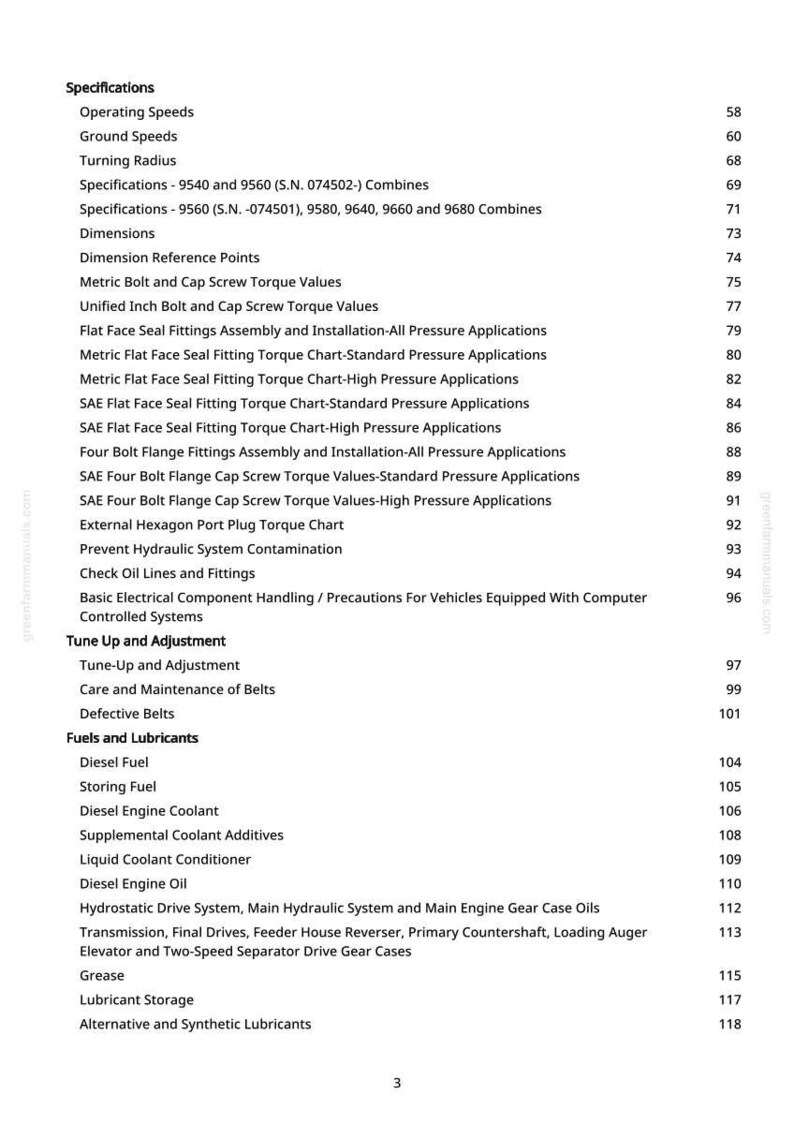 May include: A white-backgrounded page from a manual with a table of contents. The table lists specifications, operating speeds, turning radius, and other technical details related to machinery, including fuel and lubricants.