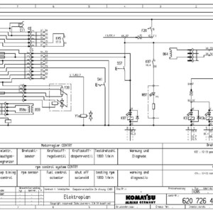 Puede incluir: Un diagrama esquem&aacute;tico el&eacute;ctrico detallado con l&iacute;neas, s&iacute;mbolos y texto. El diagrama incluye etiquetas como "controller", "rpm sensor" y "fuel control actuator". El documento se titula "Elektroplan" e incluye el logotipo de Komatsu Mining Germany.