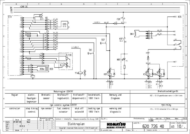 Puede incluir: Un diagrama esquem&aacute;tico el&eacute;ctrico detallado con l&iacute;neas, s&iacute;mbolos y texto. El diagrama incluye etiquetas como "controller", "rpm sensor" y "fuel control actuator". El documento se titula "Elektroplan" e incluye el logotipo de Komatsu Mining Germany.