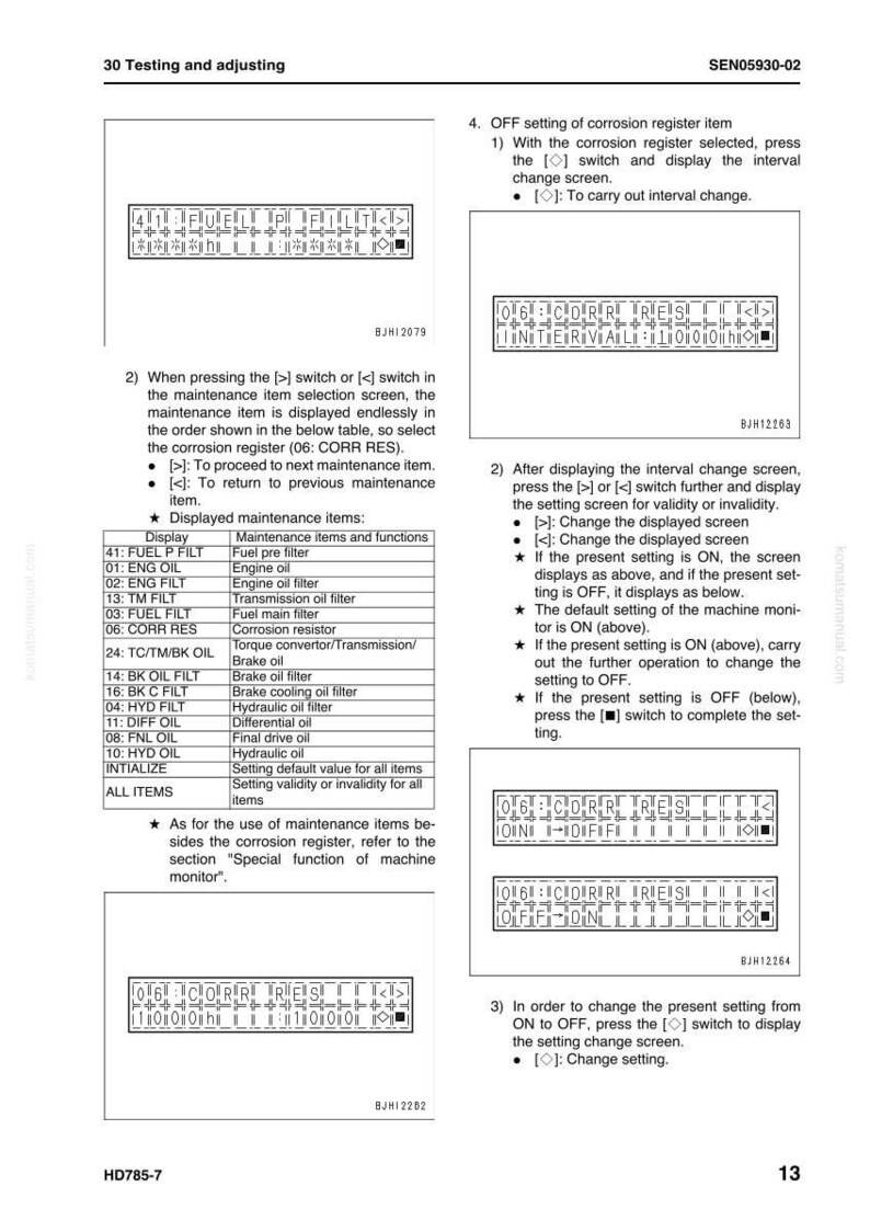 May include: A manual page with diagrams and text detailing settings and adjustments. The diagrams show digital displays with options like "CORR RES" and "INTERVAL". The text provides instructions for operation.
