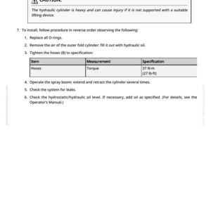 May include: A page from a manual with instructions for hydraulic cylinder maintenance. The text includes safety warnings, step-by-step procedures, and a table with torque specifications of 37 N-m (27 lb-ft). The page is from greenfarmmanuals.com.
