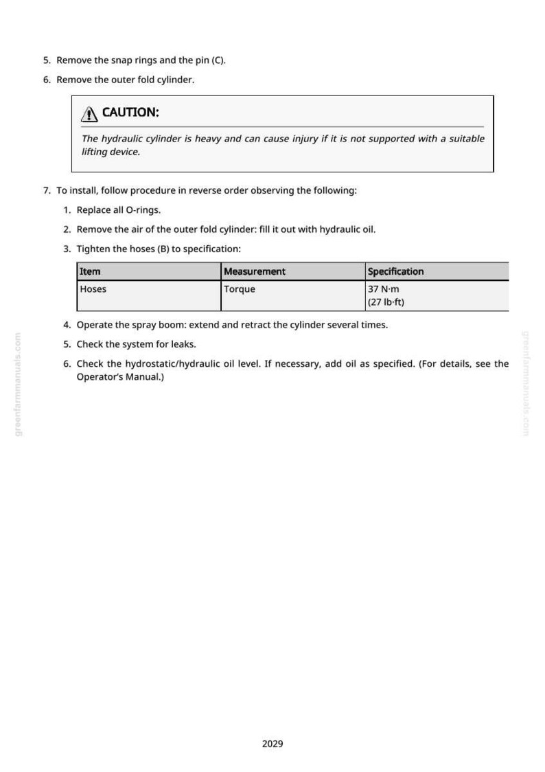 May include: A page from a manual with instructions for hydraulic cylinder maintenance. The text includes safety warnings, step-by-step procedures, and a table with torque specifications of 37 N-m (27 lb-ft). The page is from greenfarmmanuals.com.
