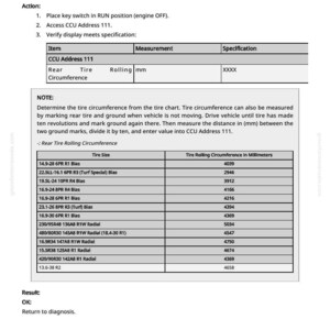 May include: A technical document detailing rear tire rolling circumference, including instructions and a table with tire sizes and rolling circumference measurements in millimeters. The document is for automotive diagnostics.