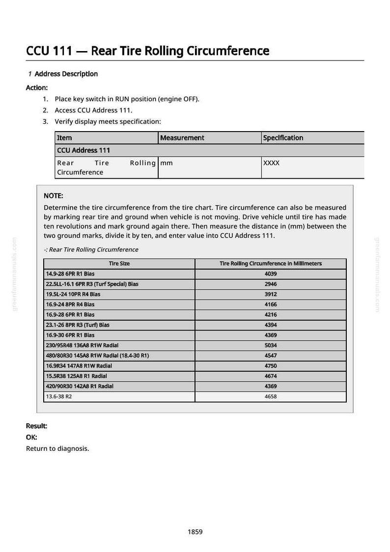May include: A technical document detailing rear tire rolling circumference, including instructions and a table with tire sizes and rolling circumference measurements in millimeters. The document is for automotive diagnostics.