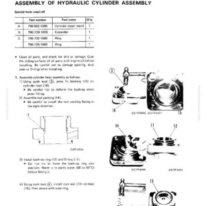 Op de afbeelding: Diagram van de hydraulische cilinderassemblage met onderdeelnummers en -namen. Bevat illustraties van componenten zoals een cilinderreparatiestandaard, expander en ringen. Instructies beschrijven de montage.