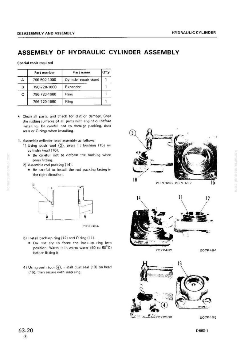 Op de afbeelding: Diagram van de hydraulische cilinderassemblage met onderdeelnummers en -namen. Bevat illustraties van componenten zoals een cilinderreparatiestandaard, expander en ringen. Instructies beschrijven de montage.