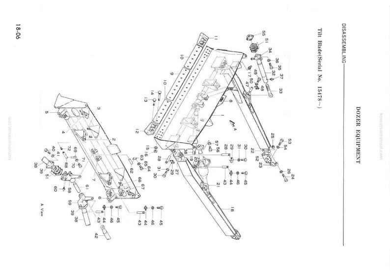 May include: Detailed technical diagram of dozer equipment, featuring a tilt blade assembly. The image is a black and white line drawing with various parts labeled with numbers. Text includes "DISASSEMBLING" and "DOZER EQUIPMENT".
