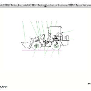 May include: Line drawing of a Weidemann 1490 P50 compact wheel loader, with numbered parts and labels. The image includes the Weidemann logo and text in multiple languages, including "Spare parts list".