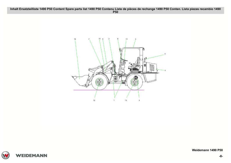 May include: Line drawing of a Weidemann 1490 P50 compact wheel loader, with numbered parts and labels. The image includes the Weidemann logo and text in multiple languages, including "Spare parts list".
