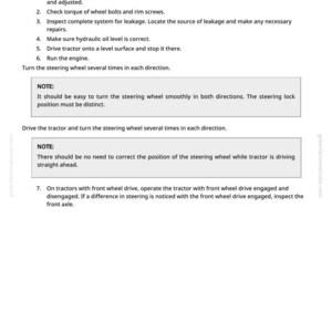 Puede incluir: P&aacute;gina blanca con el t&iacute;tulo "Verificaci&oacute;n Operacional del Sistema de Direcci&oacute;n". Instrucciones numeradas para verificar el sistema de direcci&oacute;n de un tractor, incluyendo niveles de aceite y fugas.