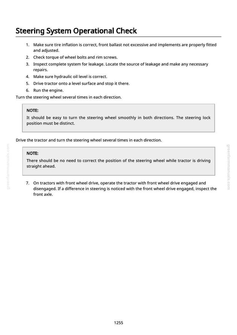 Puede incluir: P&aacute;gina blanca con el t&iacute;tulo "Verificaci&oacute;n Operacional del Sistema de Direcci&oacute;n". Instrucciones numeradas para verificar el sistema de direcci&oacute;n de un tractor, incluyendo niveles de aceite y fugas.