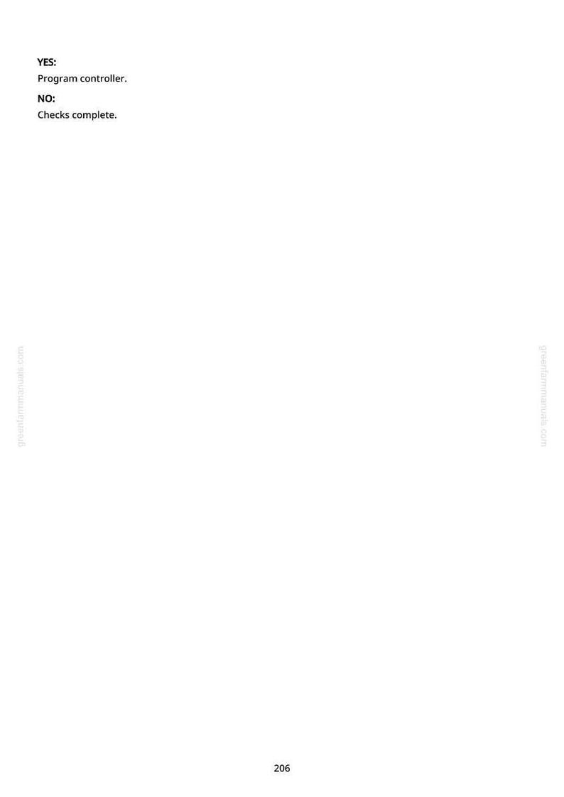 May include: White page with the text "YES: Program controller. NO: Checks complete.". The page also has the website address "greatttmanuals.com" in the margins and the number "206" at the bottom.