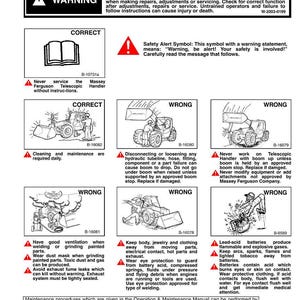 May include: A safety manual page with warnings and instructions for operating and servicing machinery. Diagrams illustrate correct and incorrect procedures, emphasizing safety precautions for maintenance and repair tasks. Includes warnings about battery acid and exhaust fumes.
