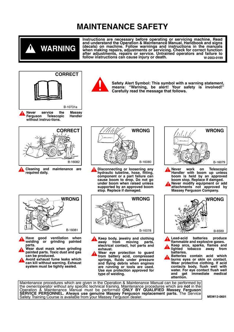 May include: A safety manual page with warnings and instructions for operating and servicing machinery. Diagrams illustrate correct and incorrect procedures, emphasizing safety precautions for maintenance and repair tasks. Includes warnings about battery acid and exhaust fumes.