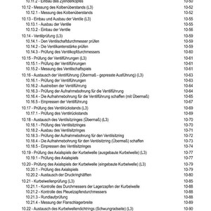 Puede incluir: Un detallado &iacute;ndice de un manual t&eacute;cnico, con una lista de procedimientos de reparaci&oacute;n de motores. El texto est&aacute; en alem&aacute;n, con entradas que cubren temas como la inspecci&oacute;n de la culata, las pruebas de v&aacute;lvulas y el an&aacute;lisis del cig&uuml;e&ntilde;al.