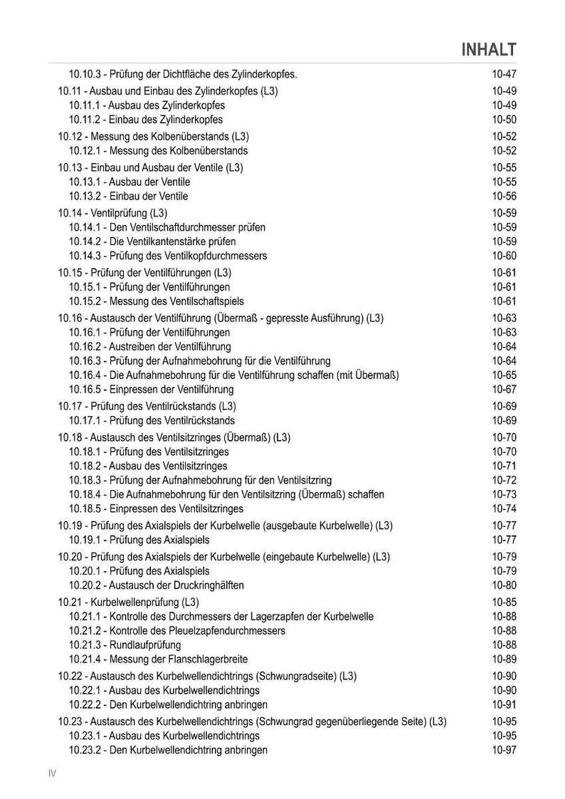 Puede incluir: Un detallado &iacute;ndice de un manual t&eacute;cnico, con una lista de procedimientos de reparaci&oacute;n de motores. El texto est&aacute; en alem&aacute;n, con entradas que cubren temas como la inspecci&oacute;n de la culata, las pruebas de v&aacute;lvulas y el an&aacute;lisis del cig&uuml;e&ntilde;al.