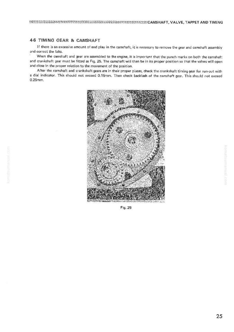 May include: Diagram of a timing gear and camshaft assembly, with text describing the assembly process and measurements. The image includes a detailed illustration of the gears and the text "Fig. 25".