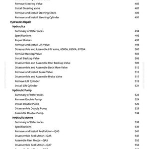 May include: A detailed table of contents from a manual, with headings and page numbers. Topics include steering, hydraulics, and hydraulic motors. The text is in black font on a white background.