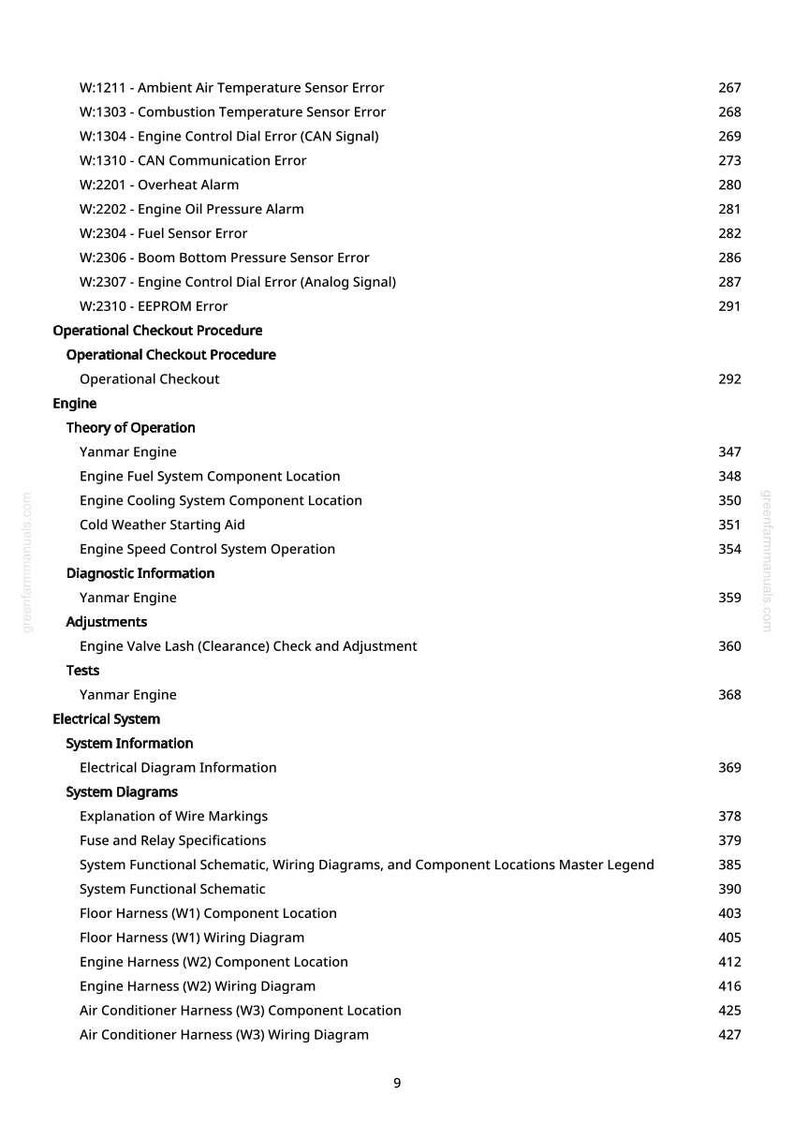 May include: A page from a manual with a table of contents. The text includes engine error codes, operational procedures, and diagrams. The page number is 9.