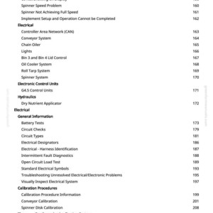 May include: A page from a manual with a table of contents. The text includes topics like "Spinner Not Responding", "Electrical", "Hydraulics", and "Calibration Procedures". Page numbers are listed on the right.