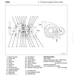 以下が含まれることがあります： TD04L ターボチャージャー排気システムの詳細図。ブロワーハウジング、タービンハウジング、さまざまなリングやベアリングなどのコンポーネントが示されています。仕様には排気温度とアクチュエータ設定圧力が含まれます。