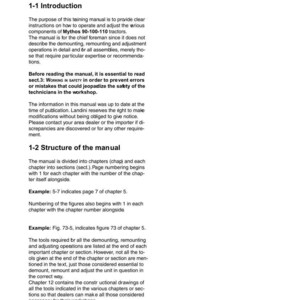 May include: A page from a manual titled "Introduction" with the heading "Sect. 1 - How to consult the manual." The text explains the manual's purpose, structure, and how to use it for Mythos 90-100-110 tractors. The page is white with black text.