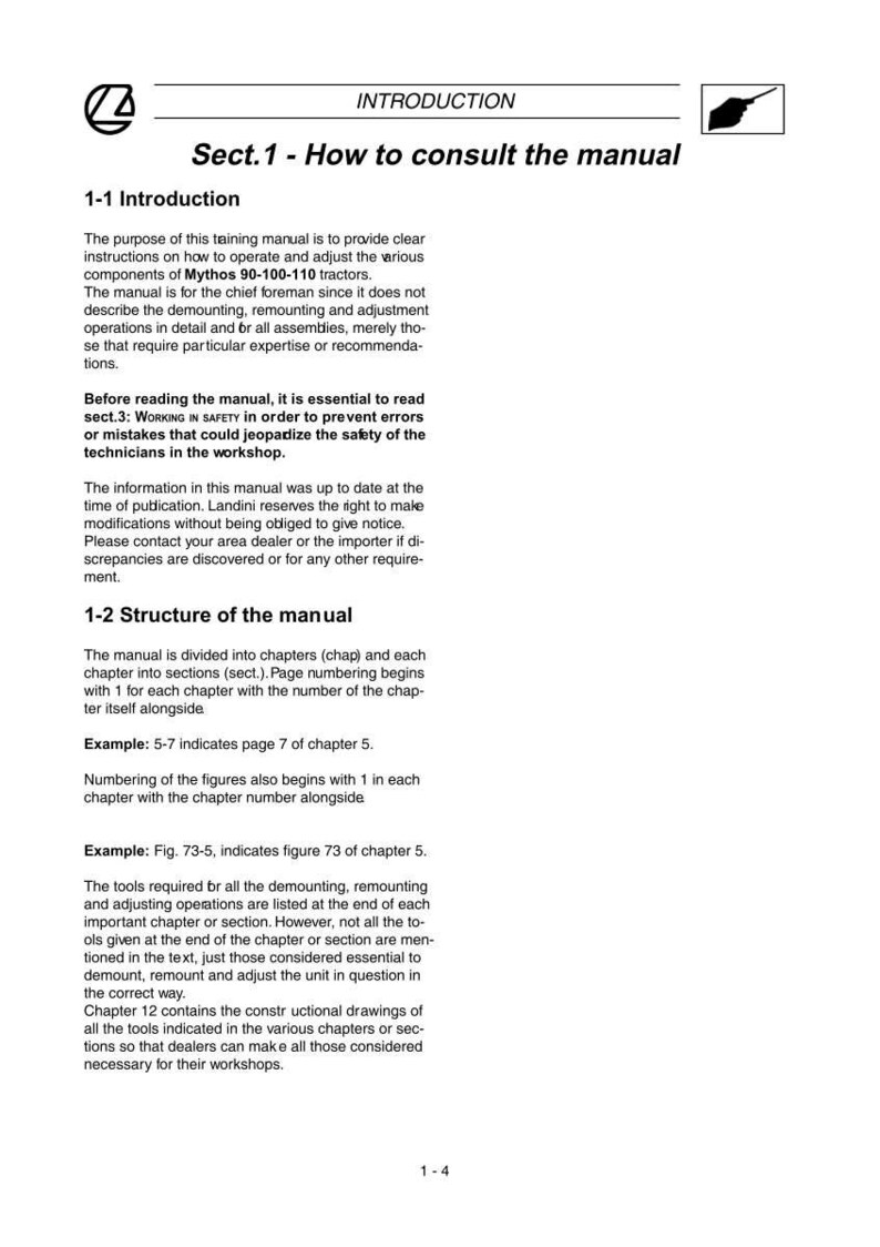 May include: A page from a manual titled "Introduction" with the heading "Sect. 1 - How to consult the manual." The text explains the manual's purpose, structure, and how to use it for Mythos 90-100-110 tractors. The page is white with black text.