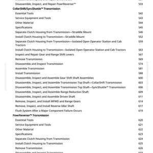 Puede incluir: Una lista detallada de procedimientos para el mantenimiento y la reparaci&oacute;n de tractores, incluyendo el desmontaje, la inspecci&oacute;n y el montaje de varios componentes de la transmisi&oacute;n. El texto est&aacute; en negro sobre fondo blanco, con un logotipo verde en la esquina.