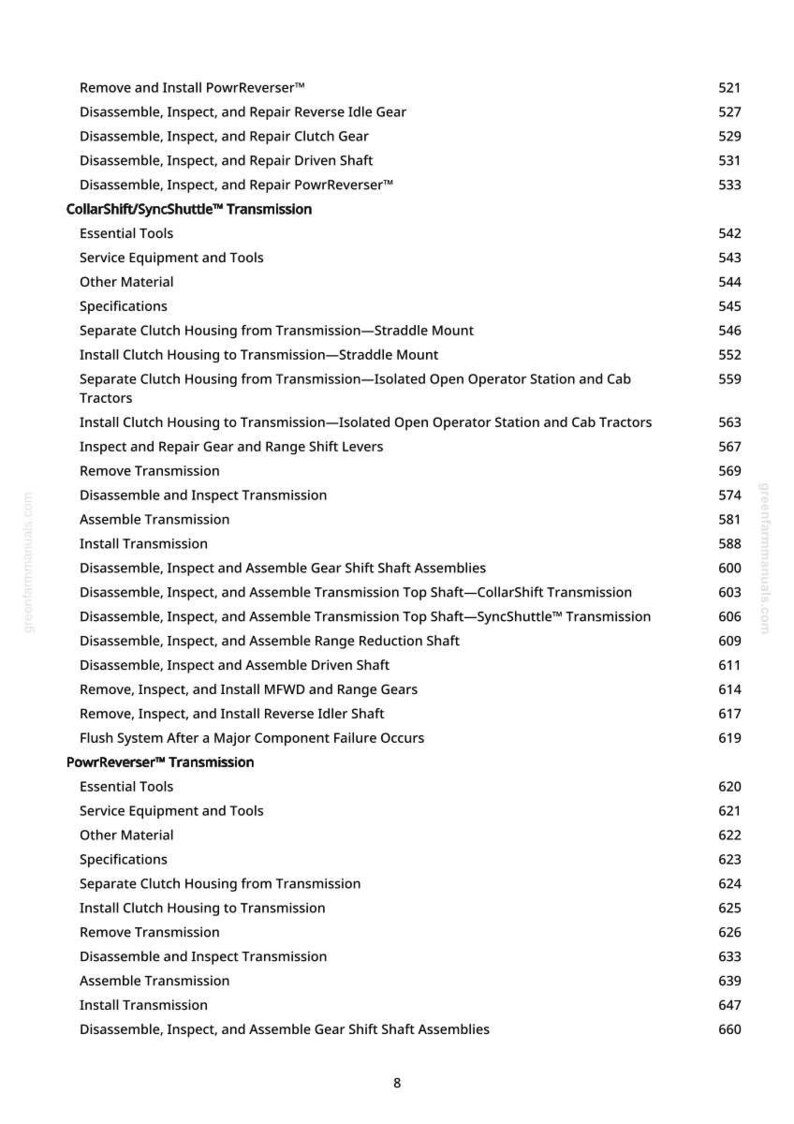 Puede incluir: Una lista detallada de procedimientos para el mantenimiento y la reparaci&oacute;n de tractores, incluyendo el desmontaje, la inspecci&oacute;n y el montaje de varios componentes de la transmisi&oacute;n. El texto est&aacute; en negro sobre fondo blanco, con un logotipo verde en la esquina.