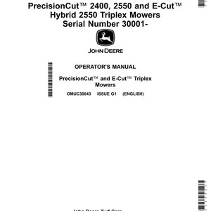 Puede incluir: Un manual blanco para cortac&eacute;spedes John Deere PrecisionCut y E-Cut Triplex. La portada incluye el logotipo de John Deere, informaci&oacute;n del modelo de cortac&eacute;sped y el texto "OPERATOR'S MANUAL". El manual es para la edici&oacute;n europea.