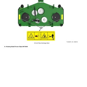 May include: Overhead view of a green 60-inch rear discharge deck with safety labels. The labels are yellow with black warning symbols. Text at the bottom reads "A&mdash;Rotating Blade/Thrown Object-M118040."