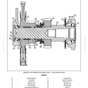 May include: Detailed cross-sectional diagram of a shiftable PTO output shaft, labeled with letters and corresponding part names. The black and white illustration includes components like bearing supports, snap rings, and output gears.